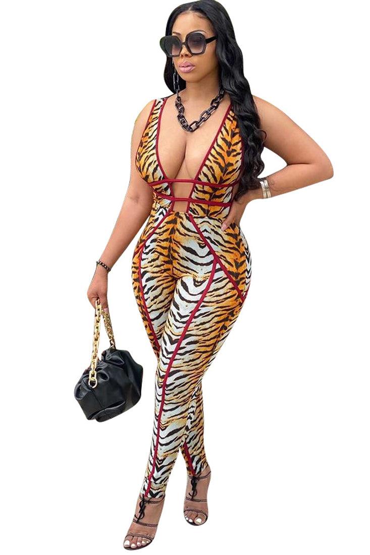 Sexy Tiger Deep Plunge Hollow Out Sleeveless Jumpsuit - AMIClubwear