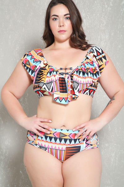 Sexy Tribal Caged High Waist Plus Size Two Piece Swimsuit - AMIClubwear