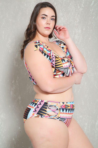 Sexy Tribal Caged High Waist Plus Size Two Piece Swimsuit - AMIClubwear
