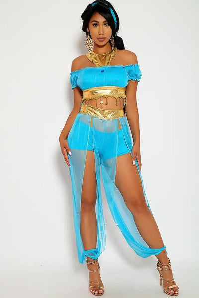Sexy Turquoise Gold Sheer Storybook Fantasy Princess J 4 Pc. Costume Set - AMIClubwear