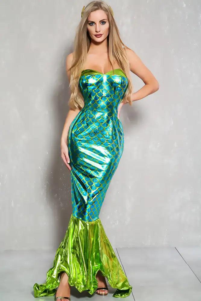 Sexy Turquoise Lime Metallic Lace Up Mermaid Costume - AMIClubwear