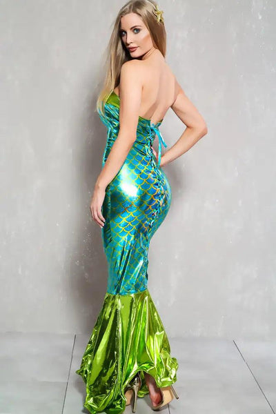 Sexy Turquoise Lime Metallic Lace Up Mermaid Costume - AMIClubwear