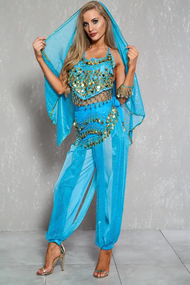 Sexy Turquoise Metallic Detail Sleeveless 5 Piece Gypsy Costume - AMIClubwear