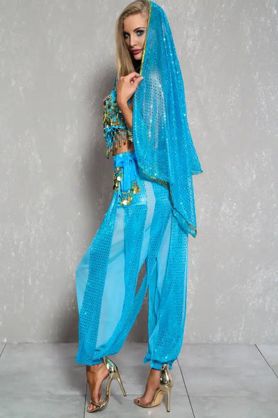 Sexy Turquoise Metallic Detail Sleeveless 5 Piece Gypsy Costume - AMIClubwear