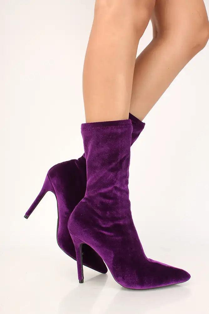 Sexy Violet Pointy Toe Mid Calf High Heel Booties Velvet - AMIClubwear