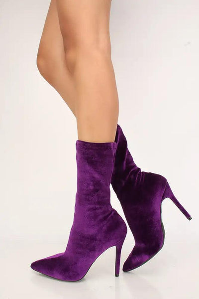 Sexy Violet Pointy Toe Mid Calf High Heel Booties Velvet - AMIClubwear