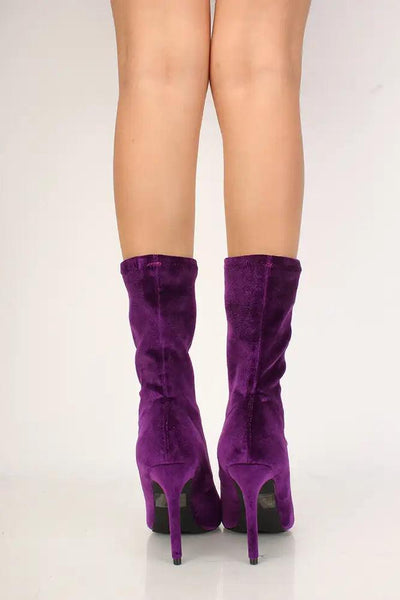 Sexy Violet Pointy Toe Mid Calf High Heel Booties Velvet - AMIClubwear