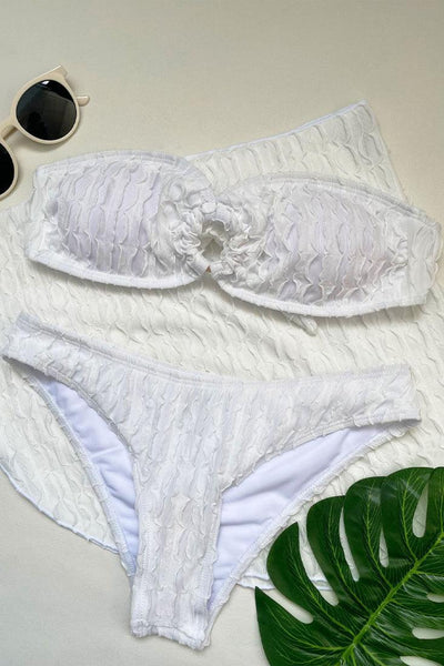 Sexy White 3pc Bikini Ring Detail Cheeky Bottom Sarong Coverup - AMIClubwear