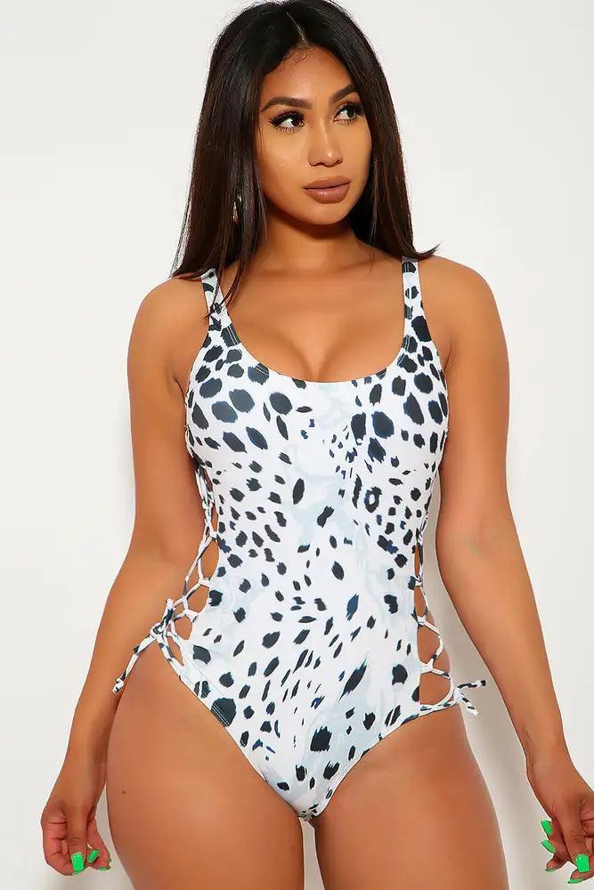 Sexy White Black Animal Print Side Lace Up One Piece Swimsuit - AMIClubwear