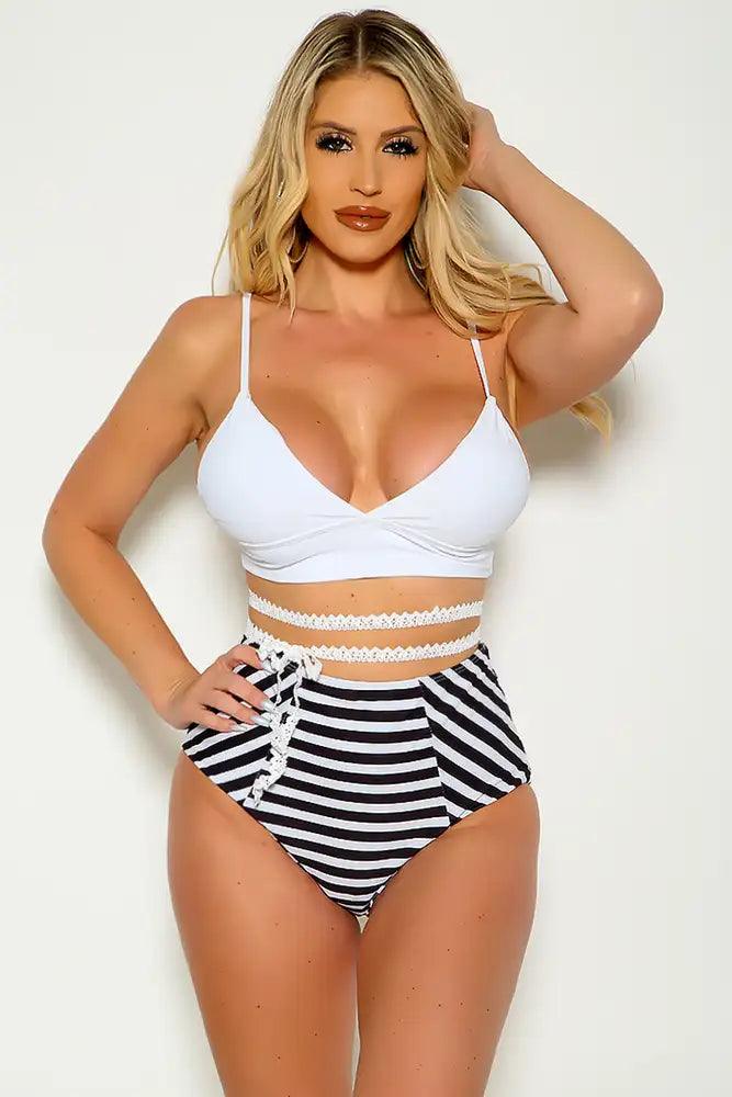 Sexy White Black Bandeau Printed Padded Two Piece Swimsuit - AMIClubwear