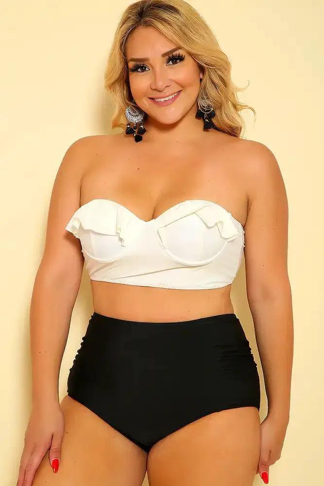 Sexy White Black Bandeau Strappy Plus Size Two Piece Swimsuit