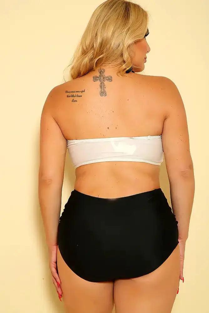 Sexy White Black Bandeau Strappy Plus Size Two Piece Swimsuit