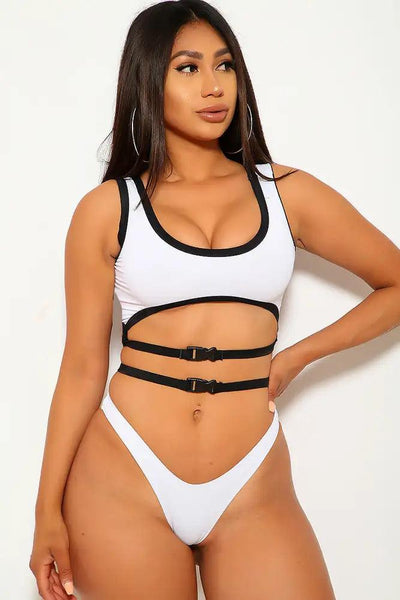 Sexy White Black Buckle Closure Cheeky Two Piece Swimsuit - AMIClubwear