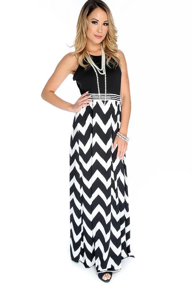 Sexy White Black Chevron Print Sleeveless Maxi Dress - AMIClubwear