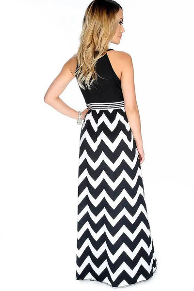 Sexy White Black Chevron Print Sleeveless Maxi Dress - AMIClubwear