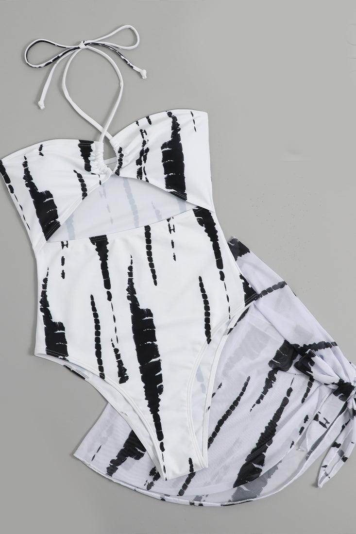 Sexy White Black Cutout Tie Die Monokini With Coverup - AMIClubwear