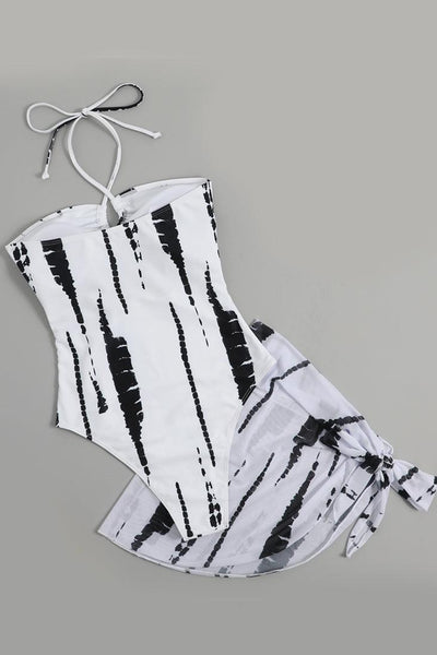 Sexy White Black Cutout Tie Die Monokini With Coverup - AMIClubwear