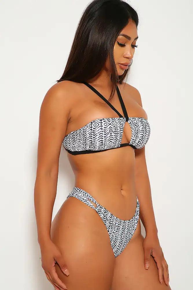 Sexy White Black Detailed Cutouts Side Cutouts Bandeau Two Piece Swimsuit - AMIClubwear