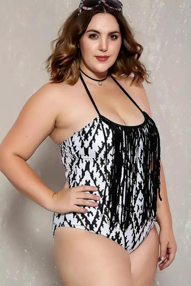 Sexy White Black Fringe Printed Padded Plus Size One Piece