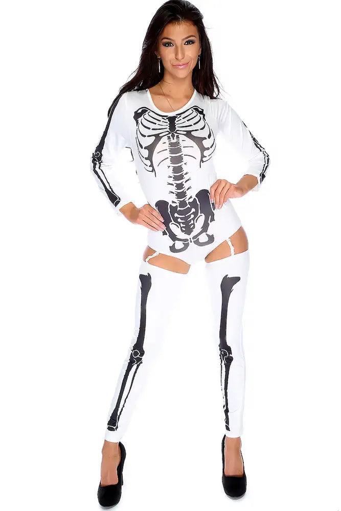 Sexy White Black Long Sleeve Skeleton Two Piece Costume - AMIClubwear