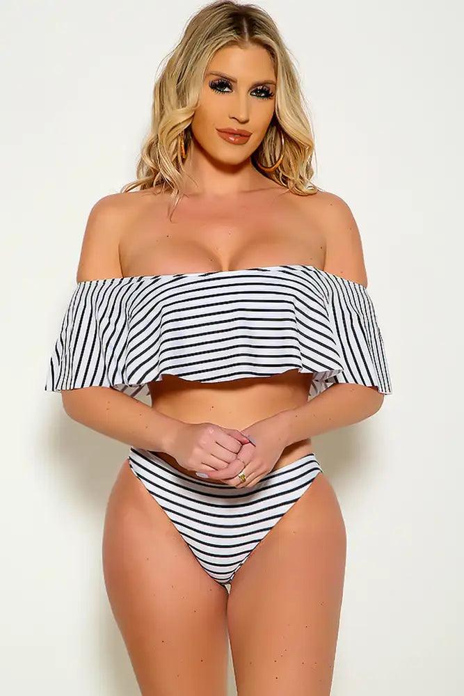 Sexy White Black Over Layer Strips Pattern Two Piece Swimsuit - AMIClubwear