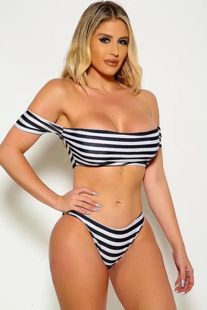 Sexy White Black Padded Stripe Pattern Two Piece Summer Bikini - AMIClubwear