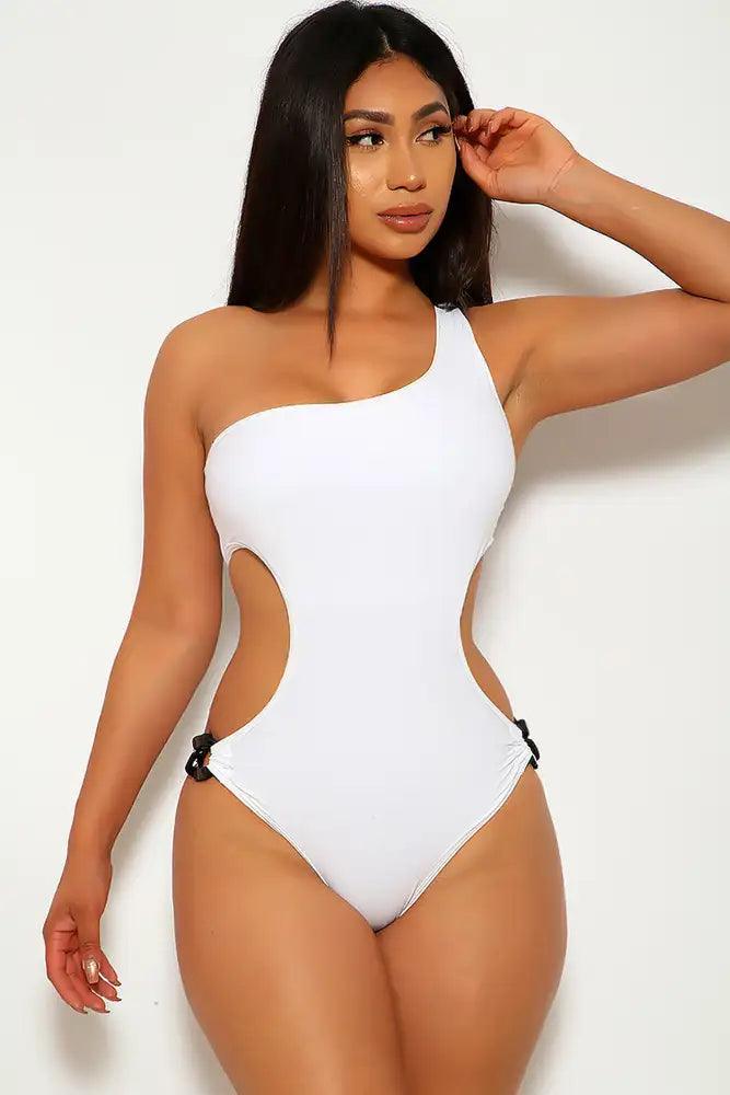 Sexy White Black Side Chain Accents Cut Out One Shoulder Monokini - AMIClubwear
