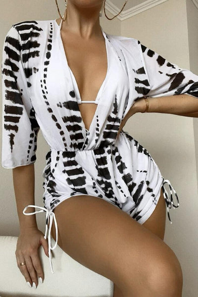 Sexy white Black Spotted Print Bikini With Coverup - AMIClubwear