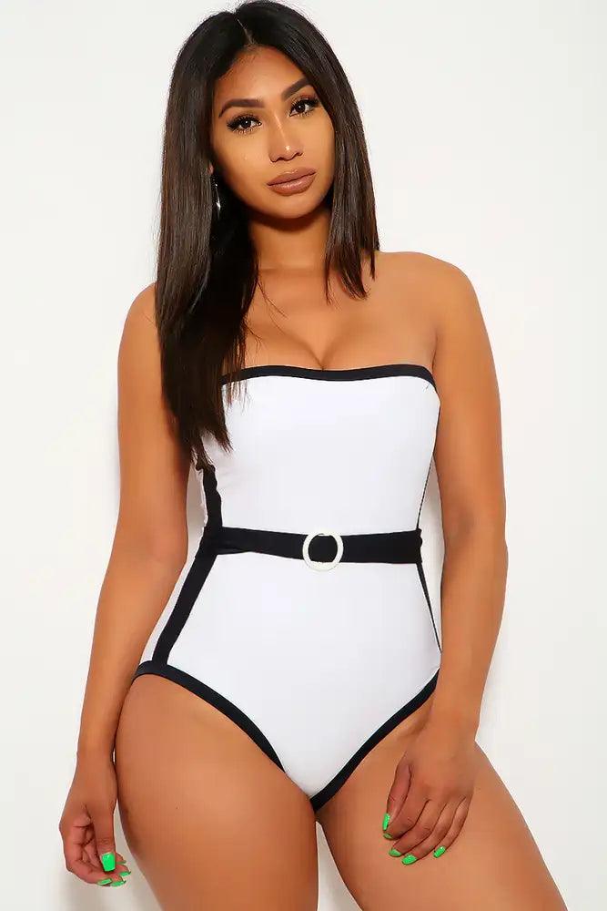 Sexy White Black Strapless O Ring Accent One Piece Swimsuit - AMIClubwear