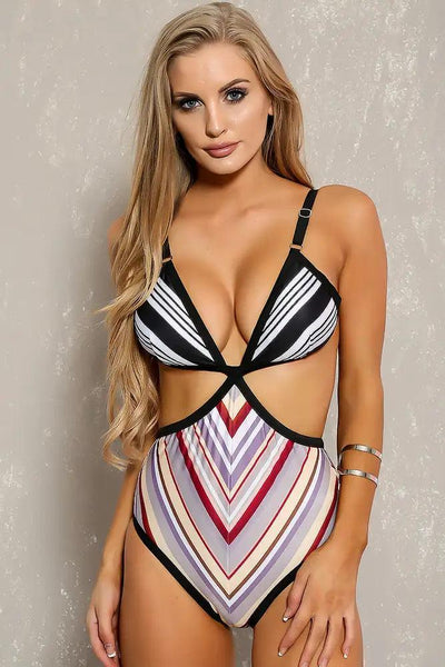 Sexy White Black Striped Cut Out One Piece Swimsuit - AMIClubwear