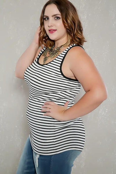 Sexy White Black Striped Ribbed Sleeveless Casual Plus Size Top - AMIClubwear