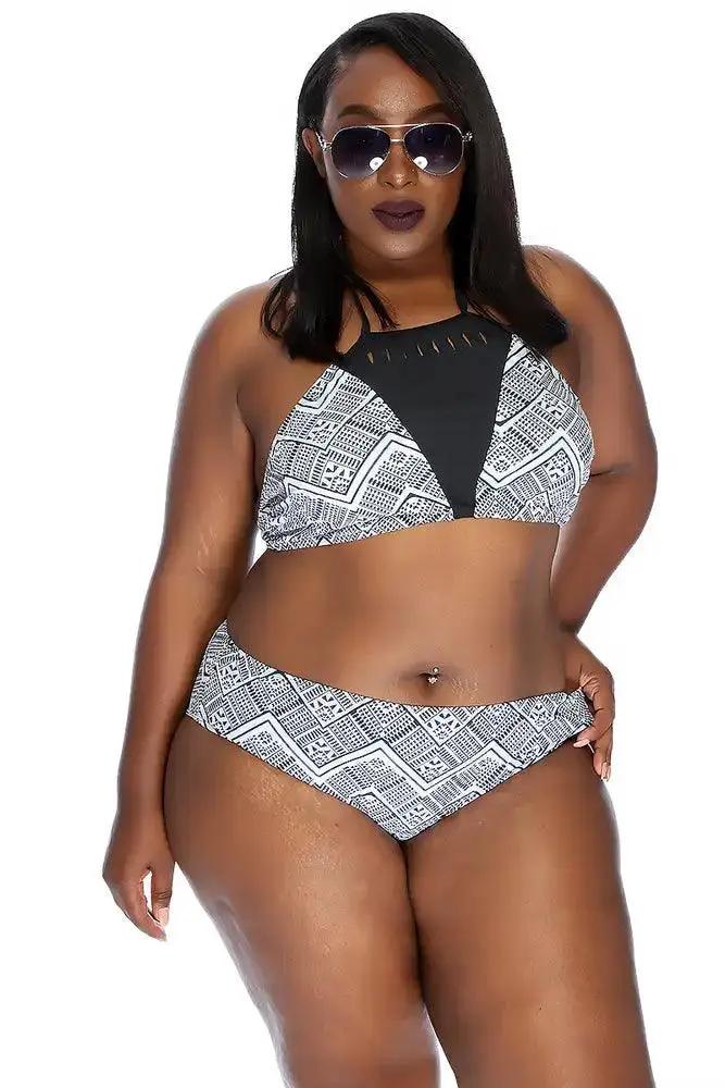 Sexy White Black Tribal Print Razor Cutout Accent Plus Size Two Piece Swimsuit