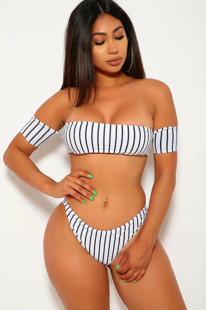 Sexy White Black Vertical Stripe Pattern Padded Two Piece Swimsuit - AMIClubwear