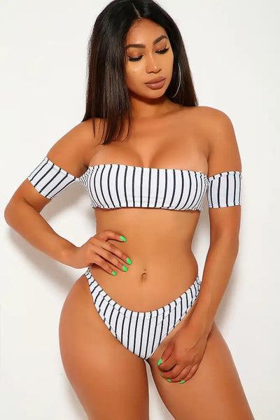 Sexy White Black Vertical Stripe Pattern Padded Two Piece Swimsuit - AMIClubwear