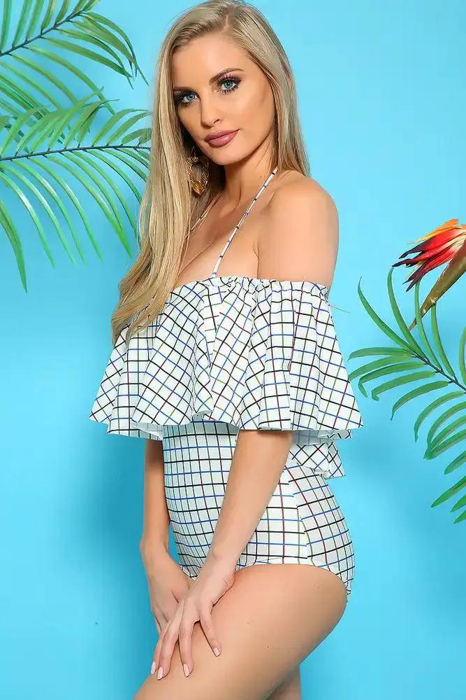 Sexy White Blue Over Layer Padded One Piece Swimsuit