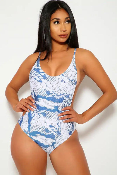 Sexy White Blue Snake Print Backless Sexy One Piece Swimsuit - AMIClubwear