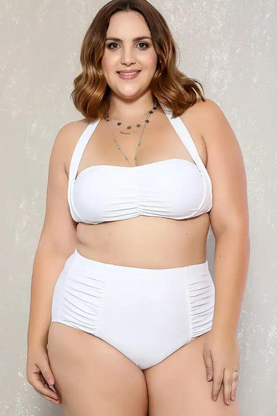 Sexy White Bold Halter Top Ruched High Waist Two Piece Swimsuit Plus - AMIClubwear