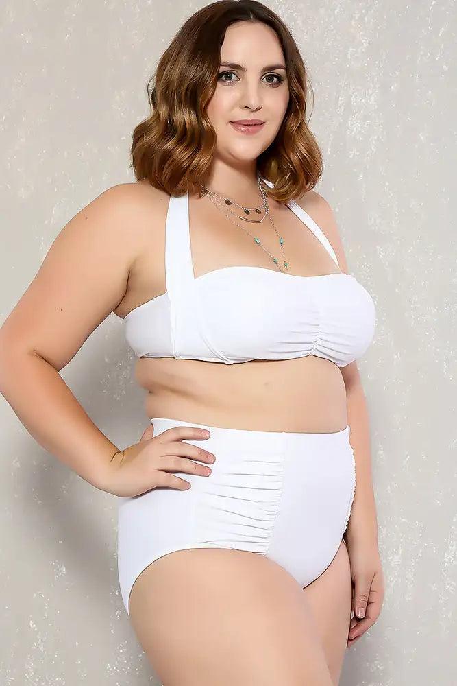 Sexy White Bold Halter Top Ruched High Waist Two Piece Swimsuit Plus - AMIClubwear