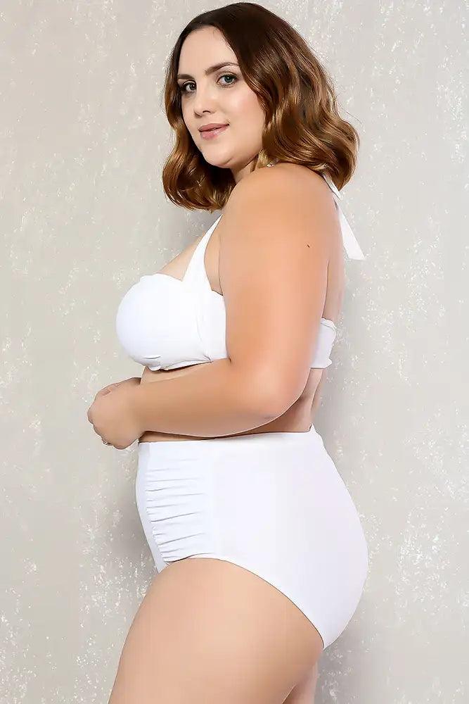 Sexy White Bold Halter Top Ruched High Waist Two Piece Swimsuit Plus - AMIClubwear