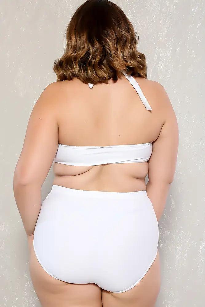 Sexy White Bold Halter Top Ruched High Waist Two Piece Swimsuit Plus - AMIClubwear