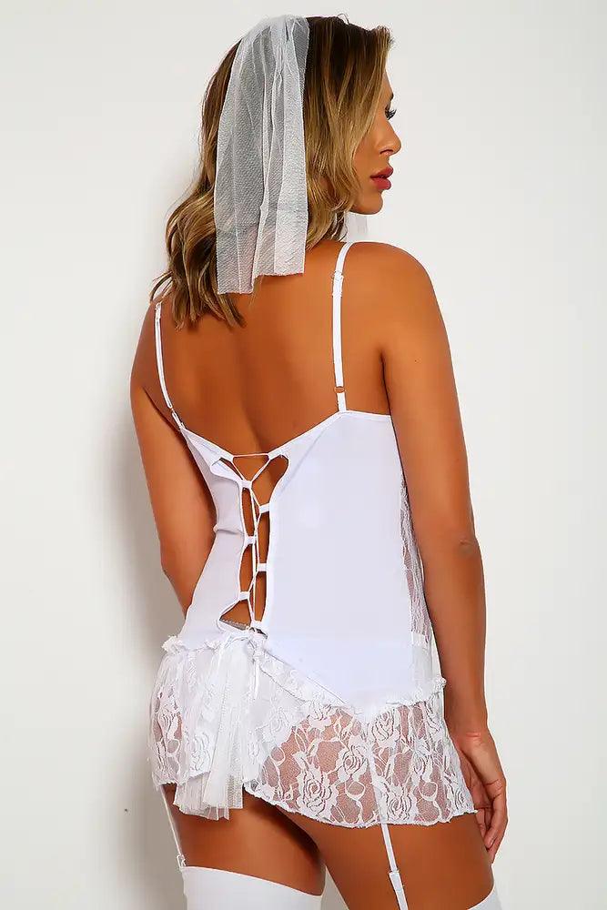 Sexy White Bride Costume Two Piece Lace Dress Garter Attachment Fitted - AMIClubwear