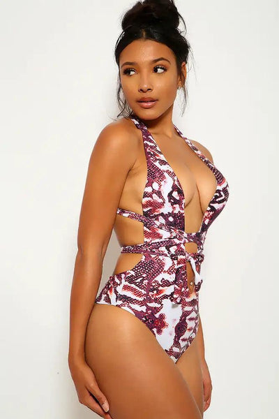 Sexy White Brown Snake Print Halter Wrap One Piece Swimsuit - AMIClubwear