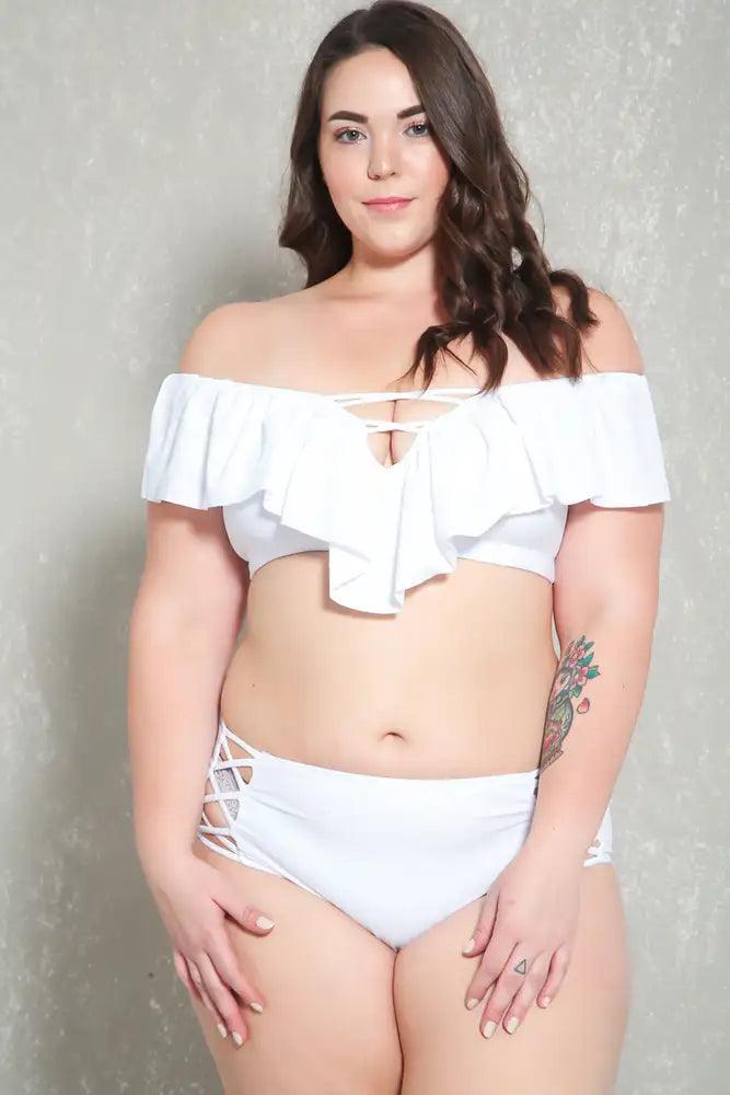 Sexy White Caged High Waist Plus Size Two Piece Swimsuit - AMIClubwear