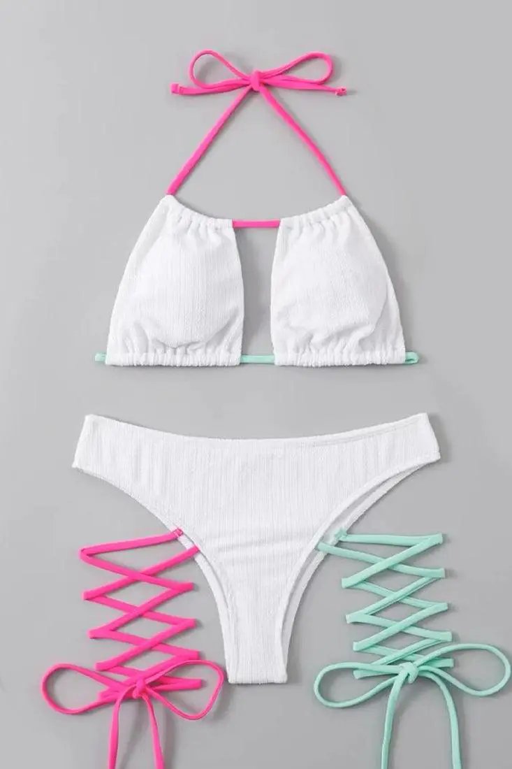 Sexy White Cheeky Bikini With Green And Pink Ties