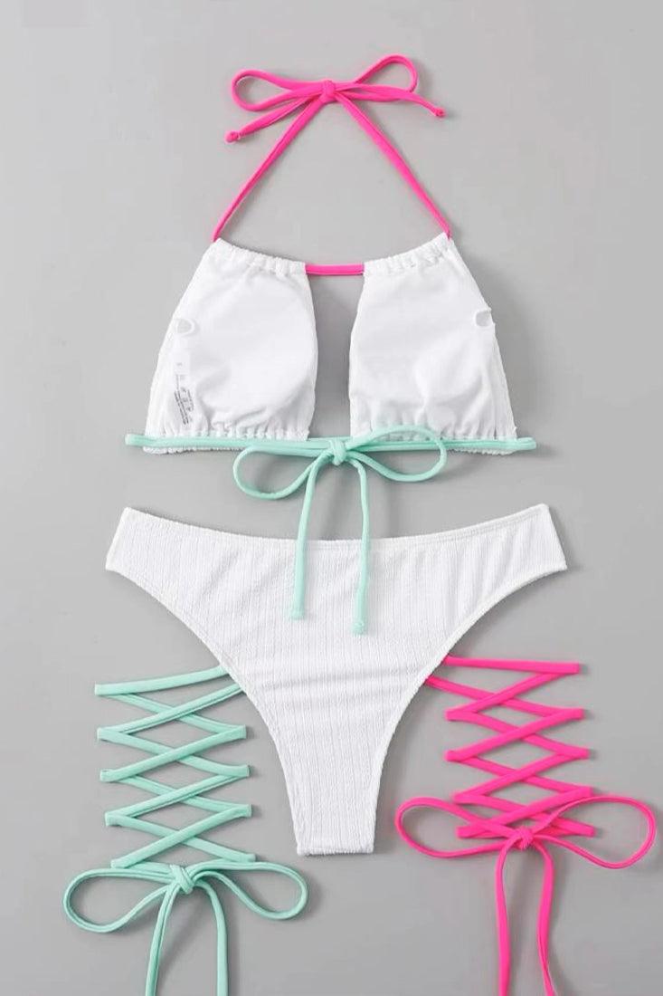 Sexy White Cheeky Bikini With Green And Pink Ties - AMIClubwear