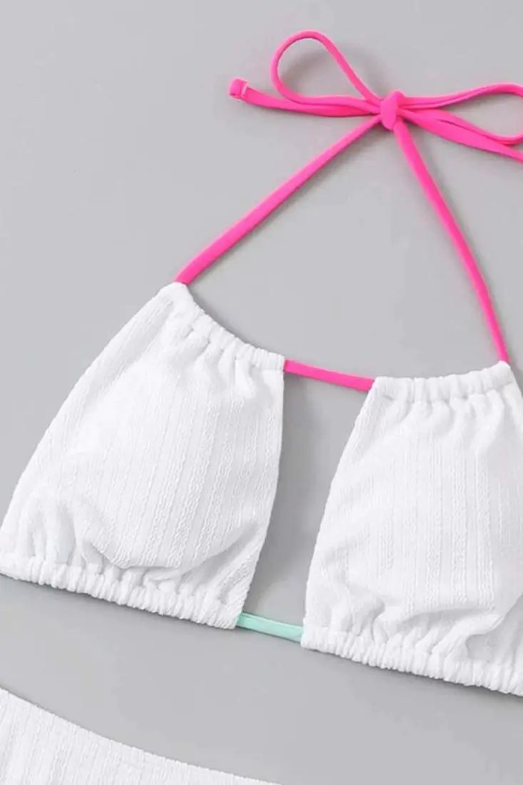 Sexy White Cheeky Bikini With Green And Pink Ties