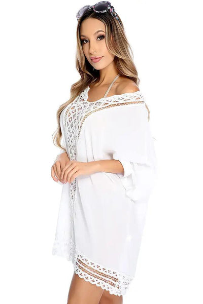 Sexy White Chiffon Crochet Trim Swimsuit Cover Up Beach Vacation Wear - AMIClubwear