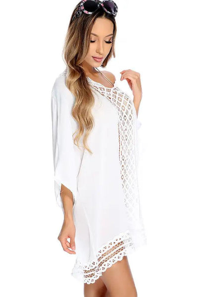 Sexy White Chiffon Crochet Trim Swimsuit Cover Up Beach Vacation Wear - AMIClubwear