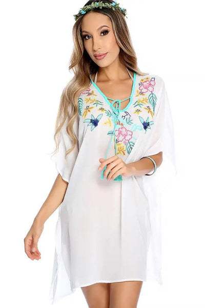 Sexy White Chiffon Flower Embroider Swimsuit Cover Up Beach Vacation Wear - AMIClubwear