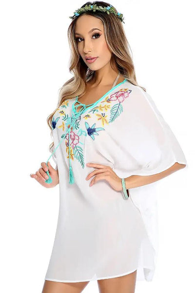 Sexy White Chiffon Flower Embroider Swimsuit Cover Up Beach Vacation Wear - AMIClubwear